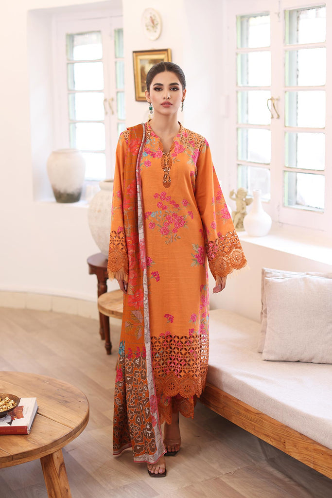 3-PC TAILOR-STITCHED EMBROIDERED KHADDAR SUIT WITH PRINTED WOOL SHAWL CCW3-01