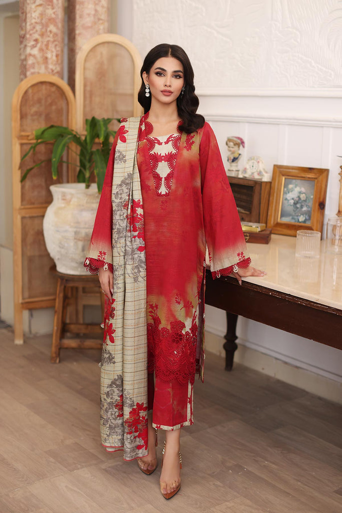 3-PC TAILOR-STITCHED EMBROIDERED KHADDAR SUIT WITH PRINTED WOOL SHAWL CCW3-06